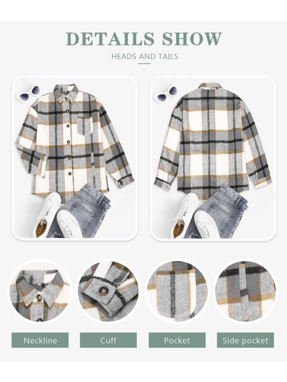 Womens Grey-Khaki Fall Plaid Long Sleeve Bust Pocket Button Down Flannel Shacket - Picture 4 of 5